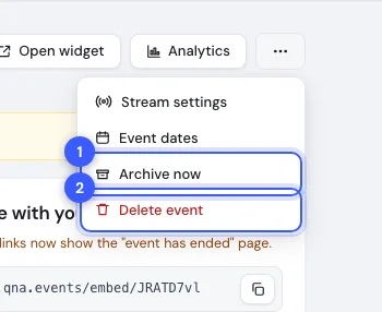 The dashboard menu of a closed event with Archive now and Delete numbered