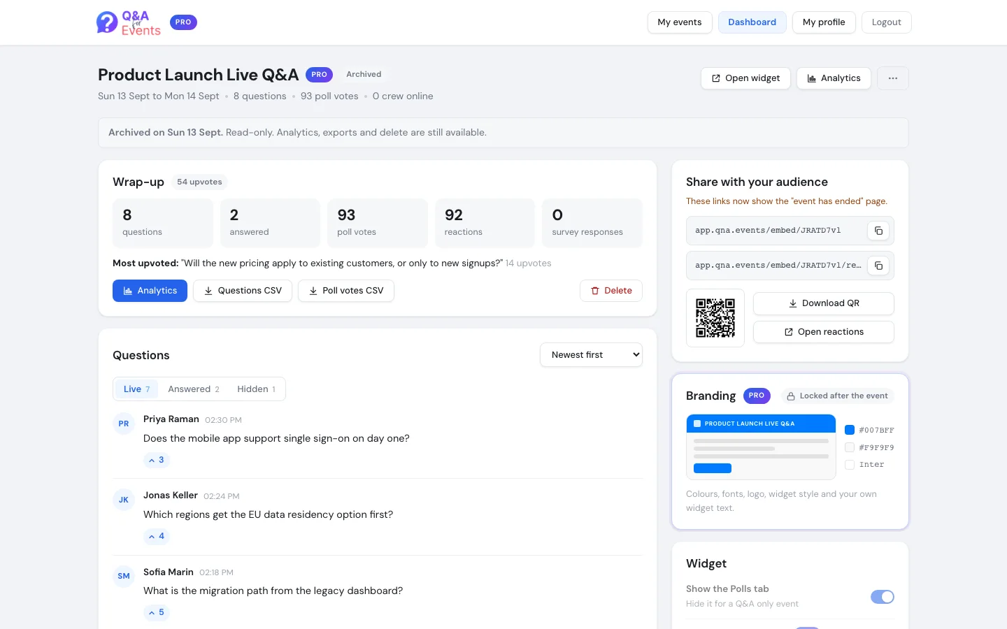 The dashboard of an archived event with the grey read-only banner
