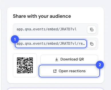 The share card with the reactions link and the Open reactions button numbered
