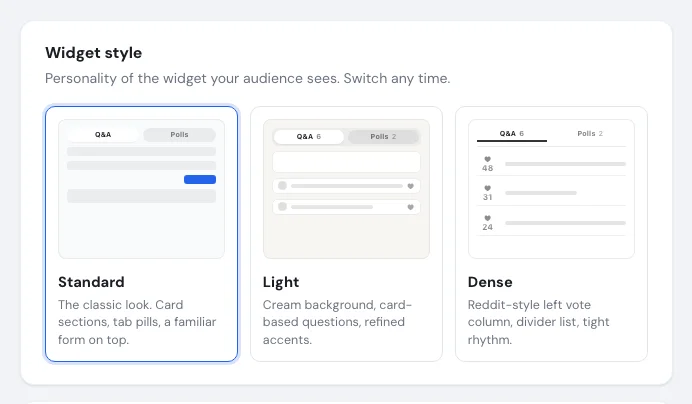 The Widget style section with the three style packs