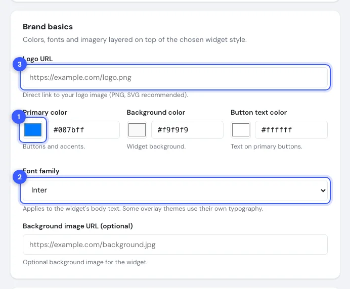 The Brand basics section with the primary colour, the font family and the logo field numbered