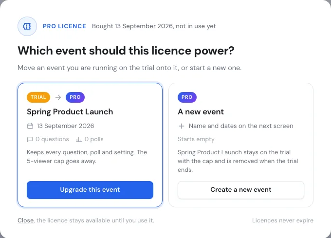 The dialog asking which event the licence should power