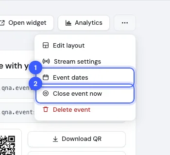 The dashboard menu with Event dates and Close event now numbered