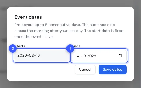 The Event dates dialog with the locked start date and the end date field numbered