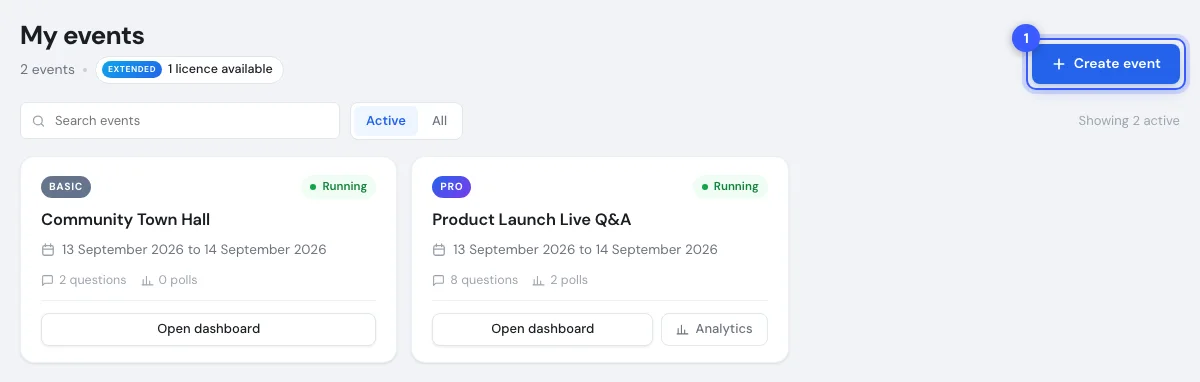 My events page with the Create event button highlighted
