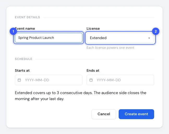 The Create your event form with the name field and the licence select highlighted