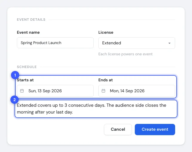 The Schedule section with two dates chosen and the day cap hint highlighted