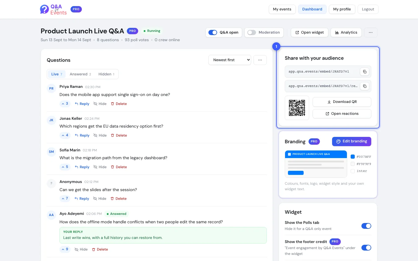 The event dashboard right after creation with the share card highlighted