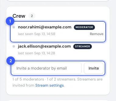The Crew card with a moderator online and the invite form numbered