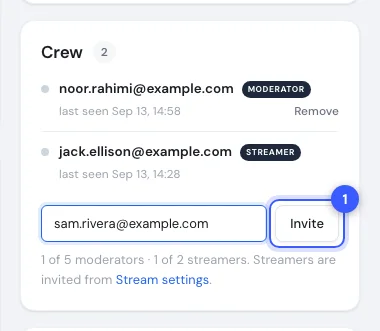 The Crew card with an email typed into the invite form and the Invite button highlighted