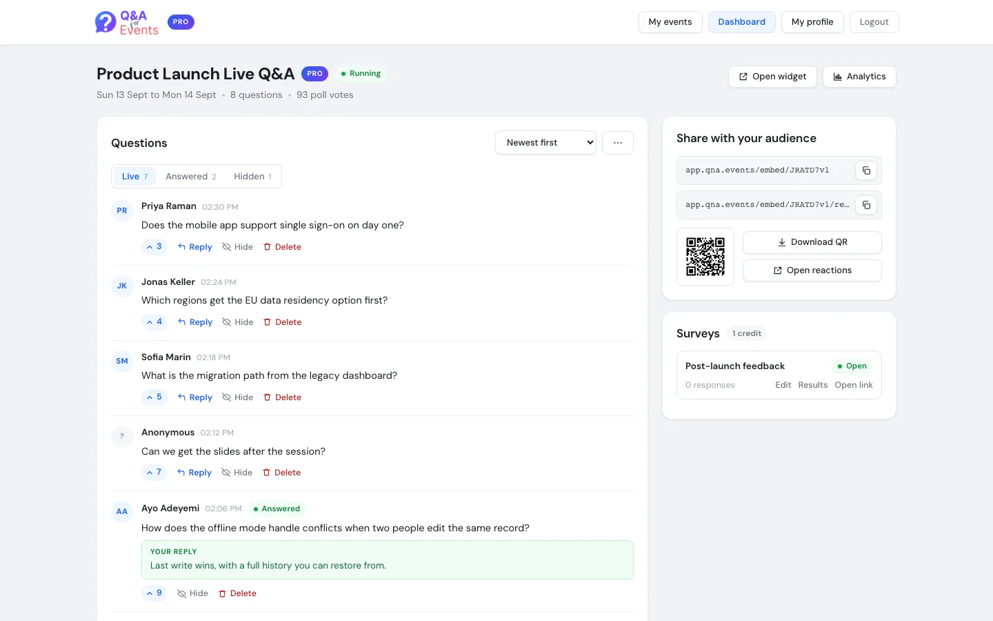 The dashboard as a moderator sees it: the Questions card, the share card and the surveys card, no switches
