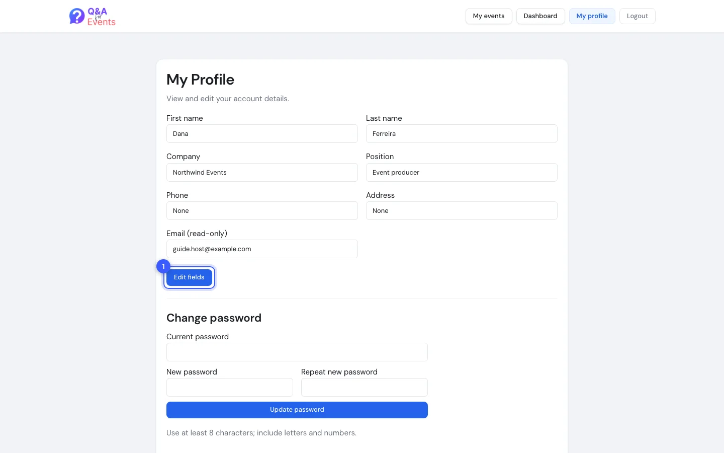 The My profile page with the details form and the Edit fields button highlighted