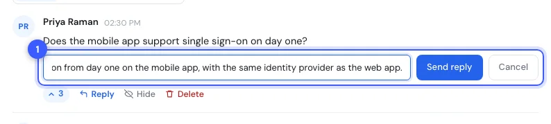 A question row with the reply box open and text typed