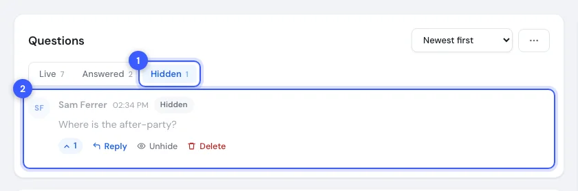 The Hidden tab selected with a hidden question and its Unhide action