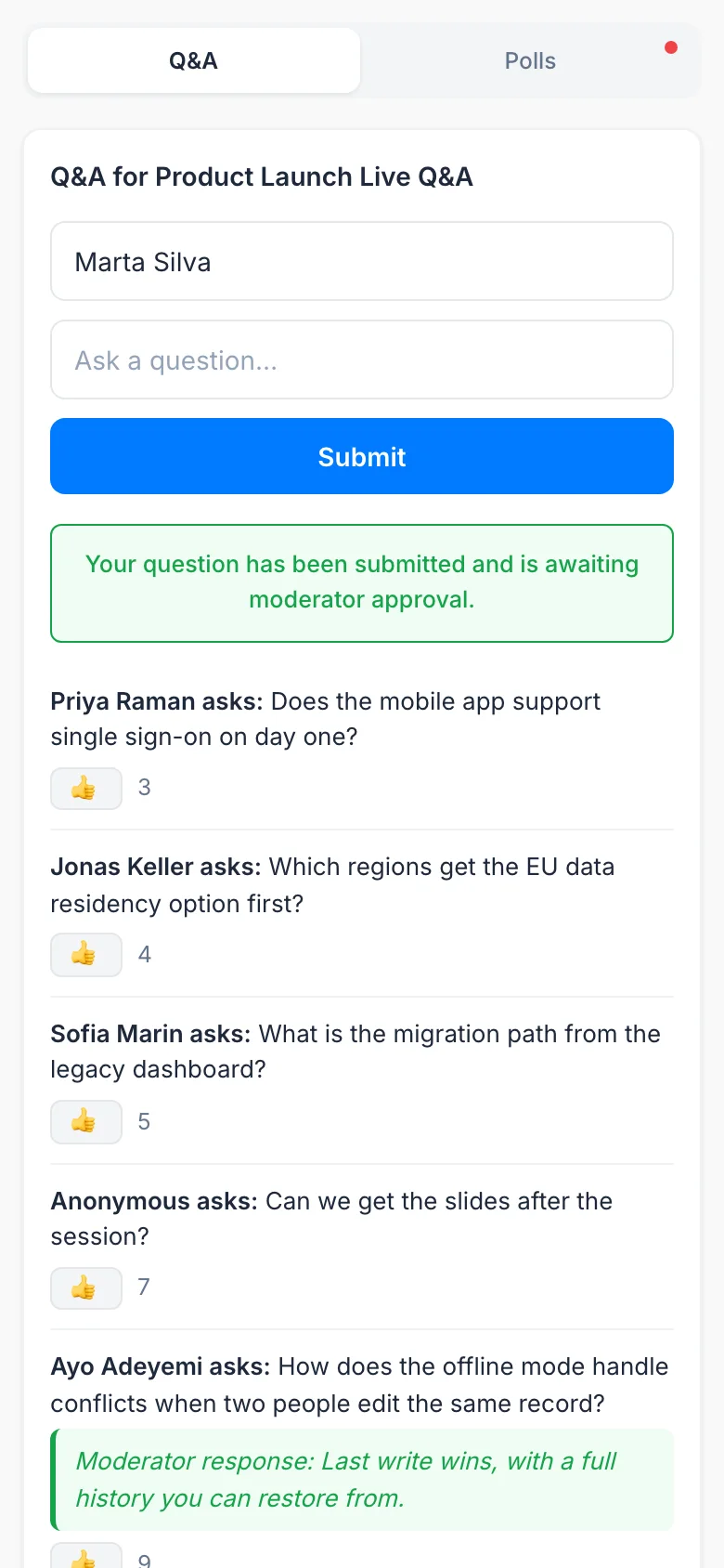 The audience widget on a phone showing a question marked as waiting for approval