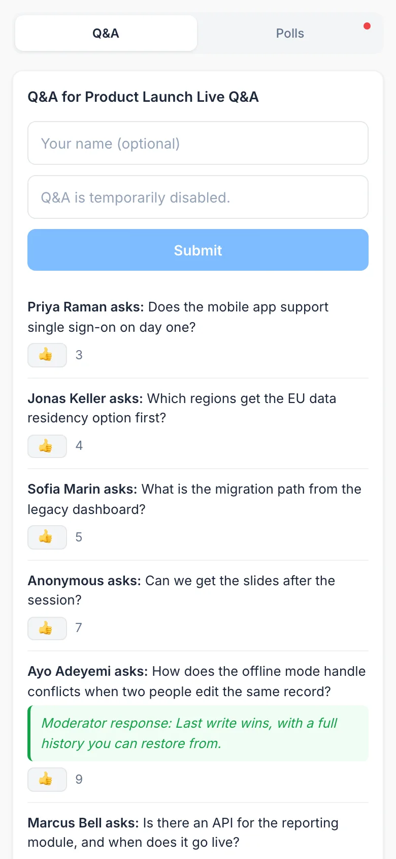 The audience widget on a phone with Q&A closed and the closed notice in place of the form