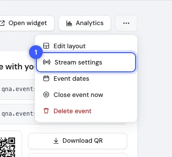 The dashboard menu open with Stream settings highlighted