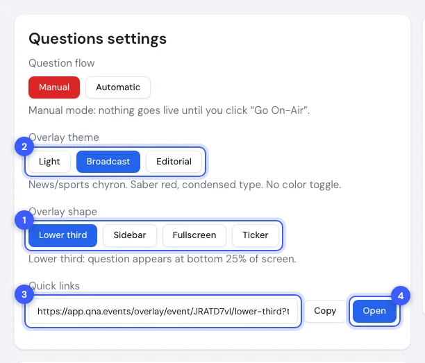 The Questions settings card on the stream settings page with the shape buttons, the theme buttons, the quick URL and the open button numbered