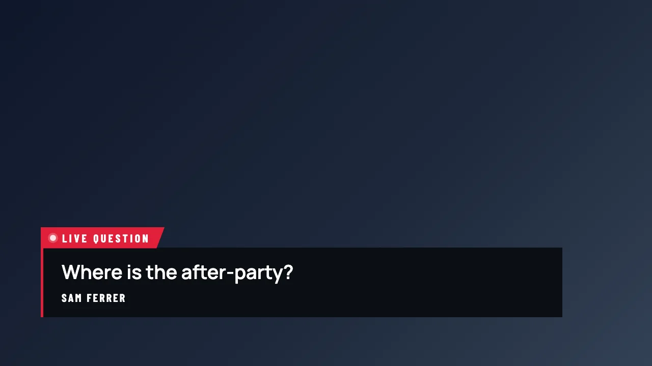 The lower-third overlay in the Broadcast theme showing a question on air over a dark background