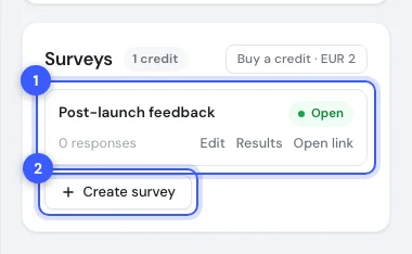 The Surveys card with an existing survey and the Create survey button numbered