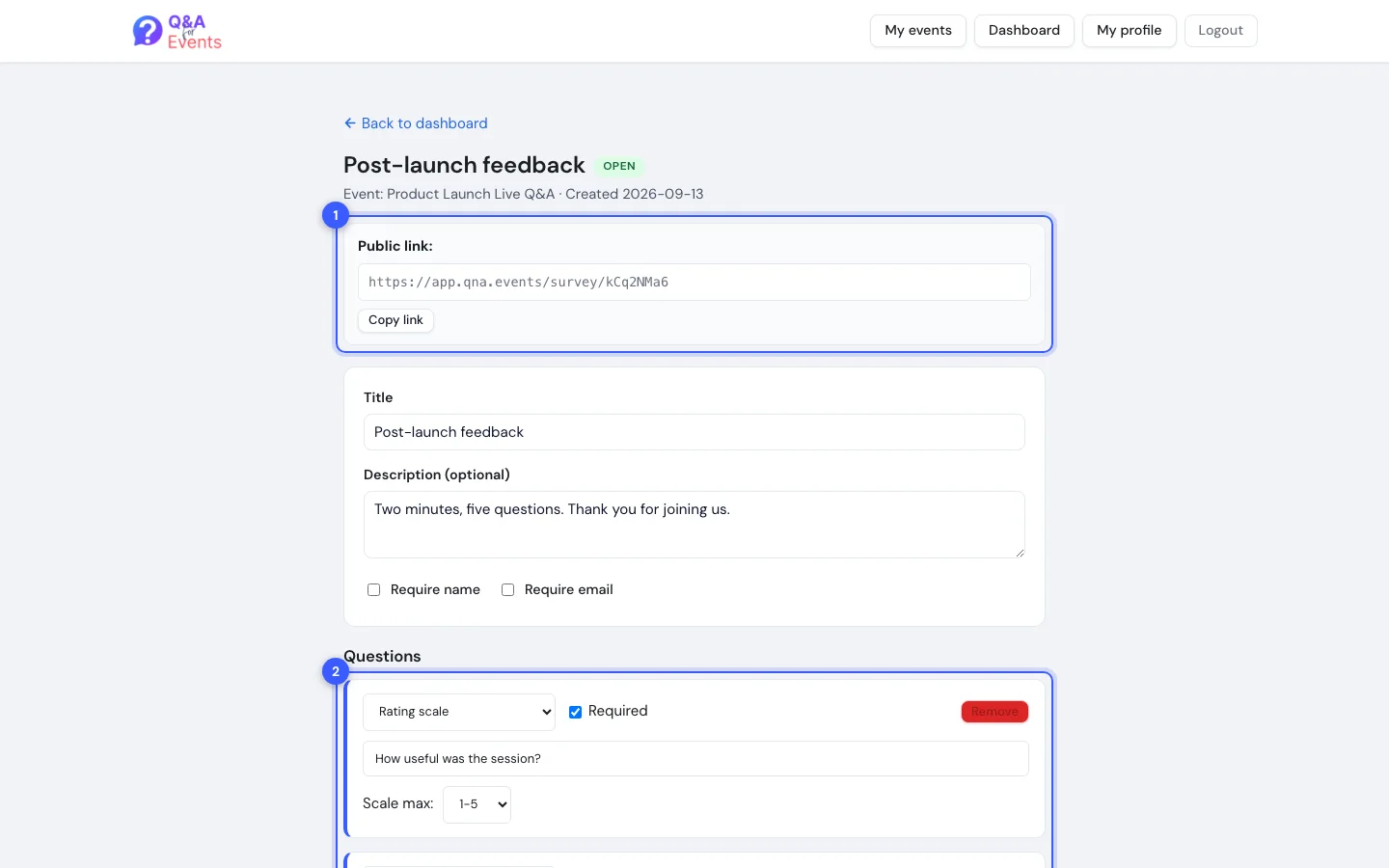 The survey editor with the share link, the question list and the Add question button numbered