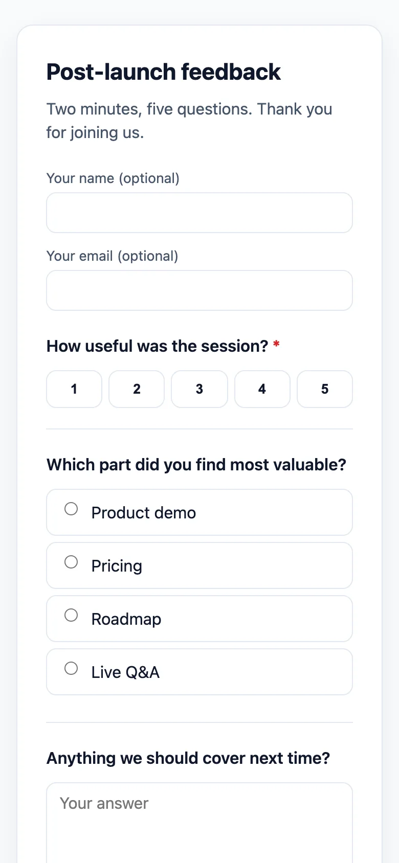 The public survey on a phone with a rating question and a multiple choice question