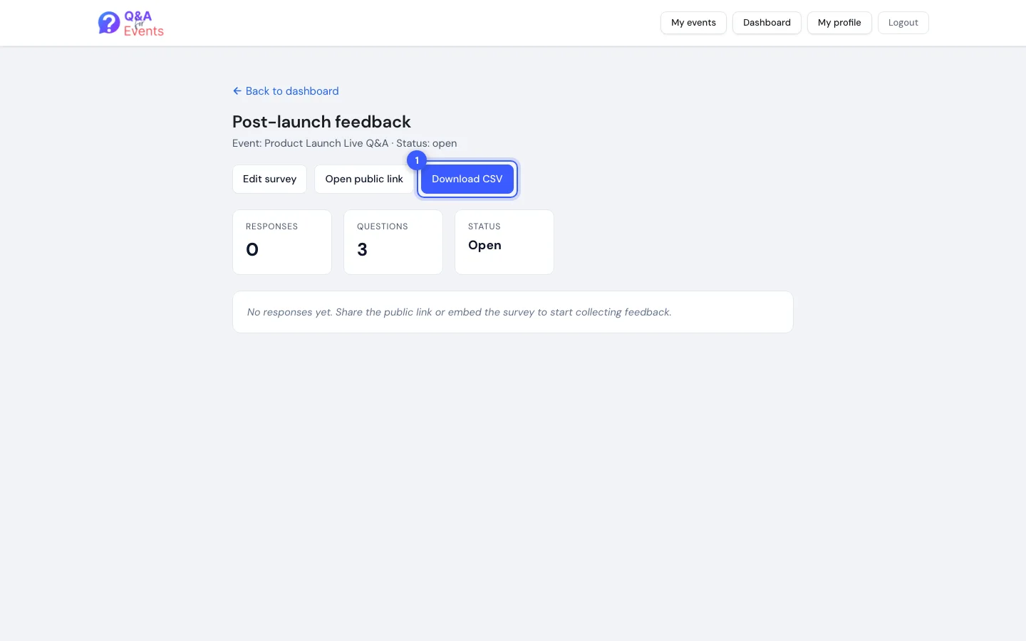 The survey results page with the response counts and the CSV download highlighted
