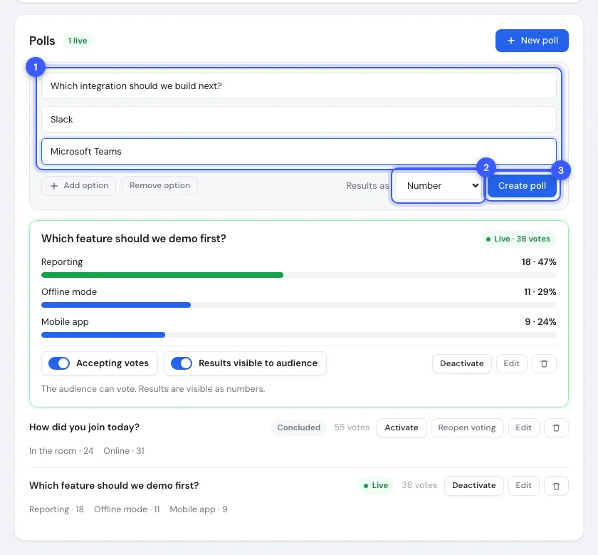 The new poll form with the question, the options, the results style and the create button numbered