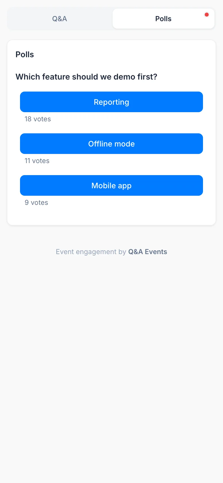 The audience widget on a phone showing the live poll on the Polls tab