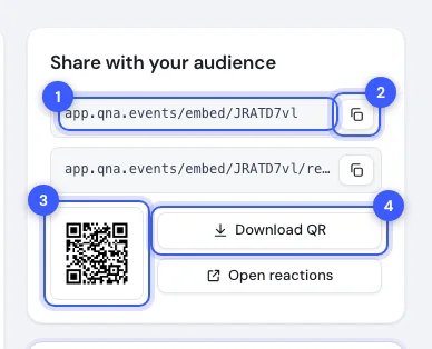 The Share with your audience card with the link, copy button, QR code and download button numbered