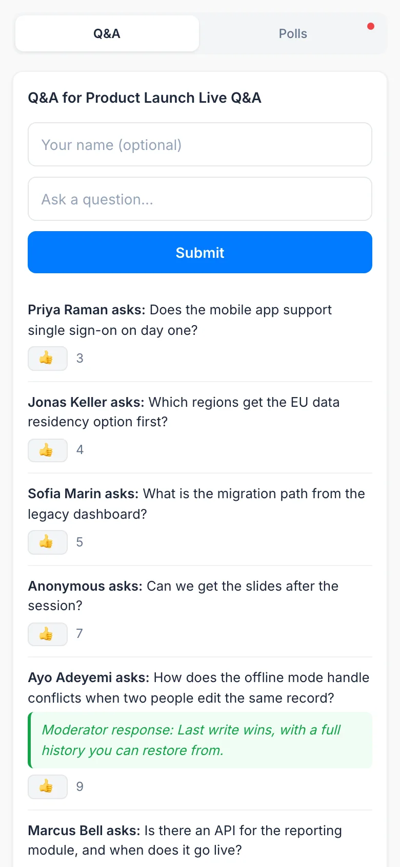 The audience widget on a phone showing the question form and the questions list