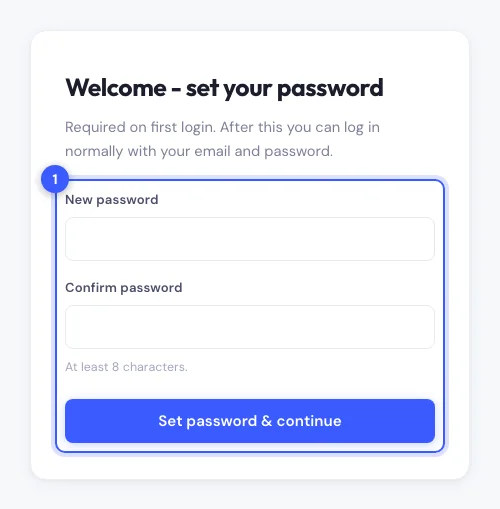 The set your password page shown on first login