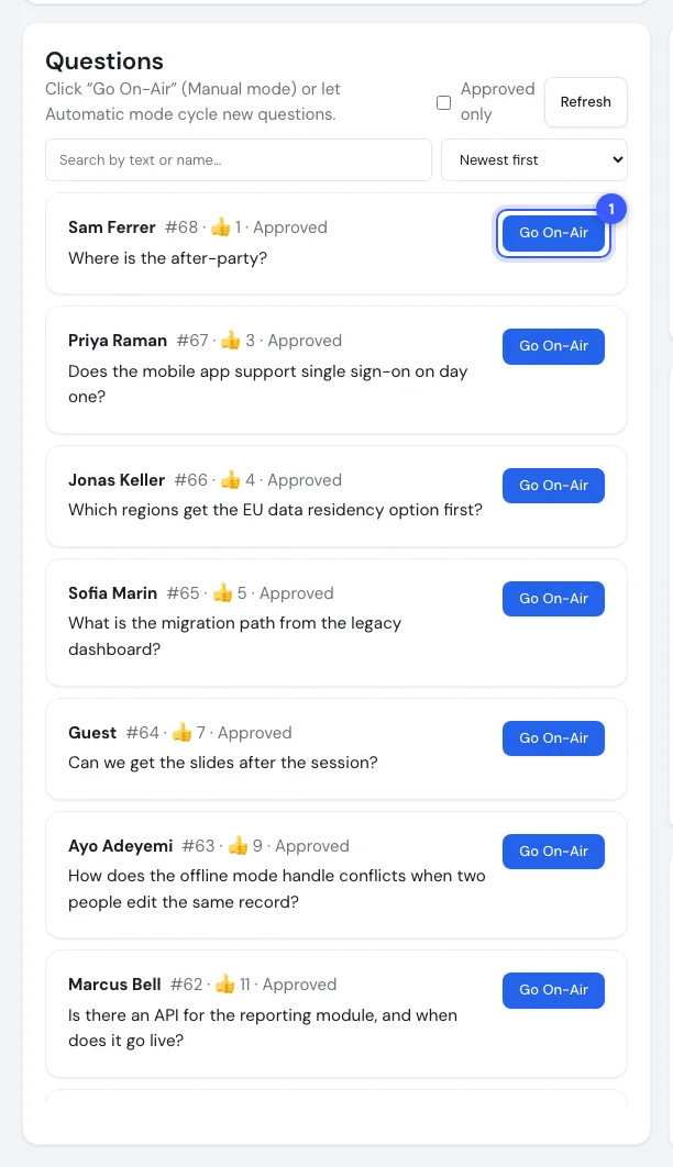 The questions queue on the stream control page with the Go On-Air button highlighted