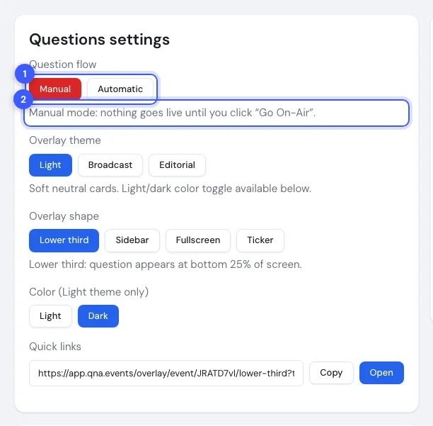 The Questions settings card with the Manual and Automatic buttons and the hint text numbered