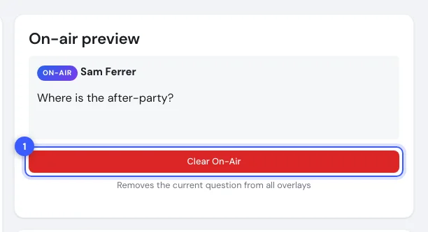 The On-air preview card with a question on air and the Clear On-Air button highlighted