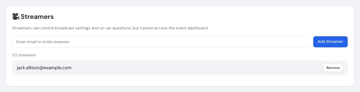 The Streamers card with the invite form