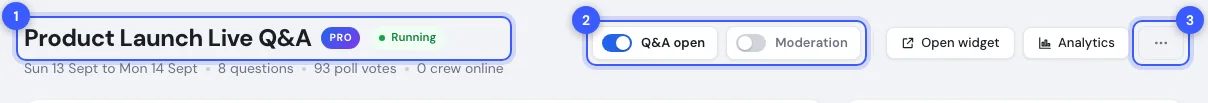 The dashboard header with the title block, the two switches and the menu numbered