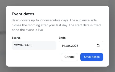 The Event dates dialog showing the start and end date and the plan cap