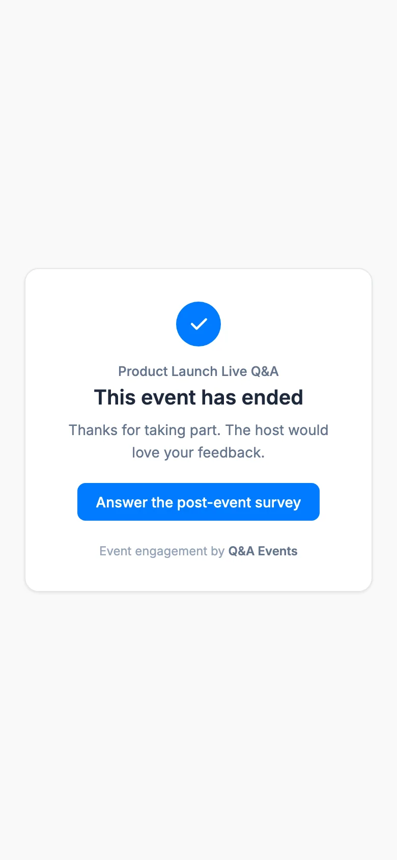 The ended page on a phone with the event name and a thank-you line
