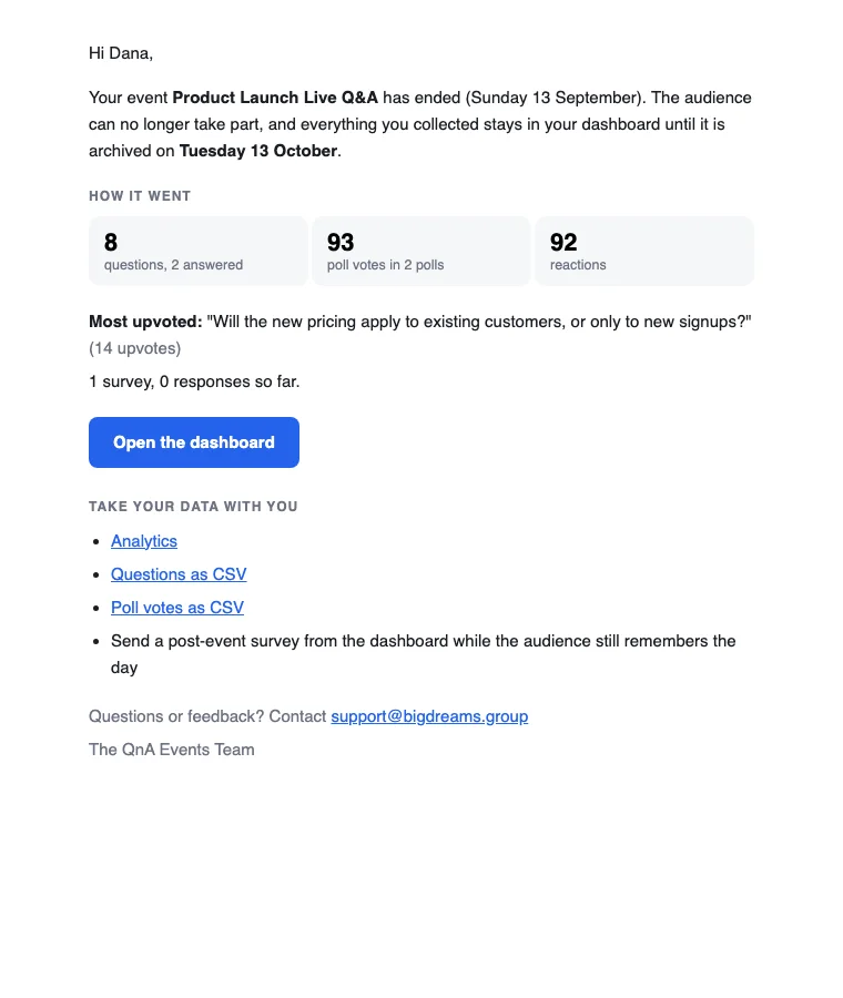 The recap email with the event numbers and a button to the dashboard