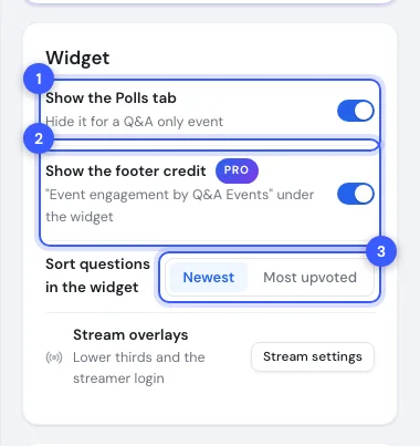 The Widget card with the Polls tab switch, the footer credit switch and the sort control numbered