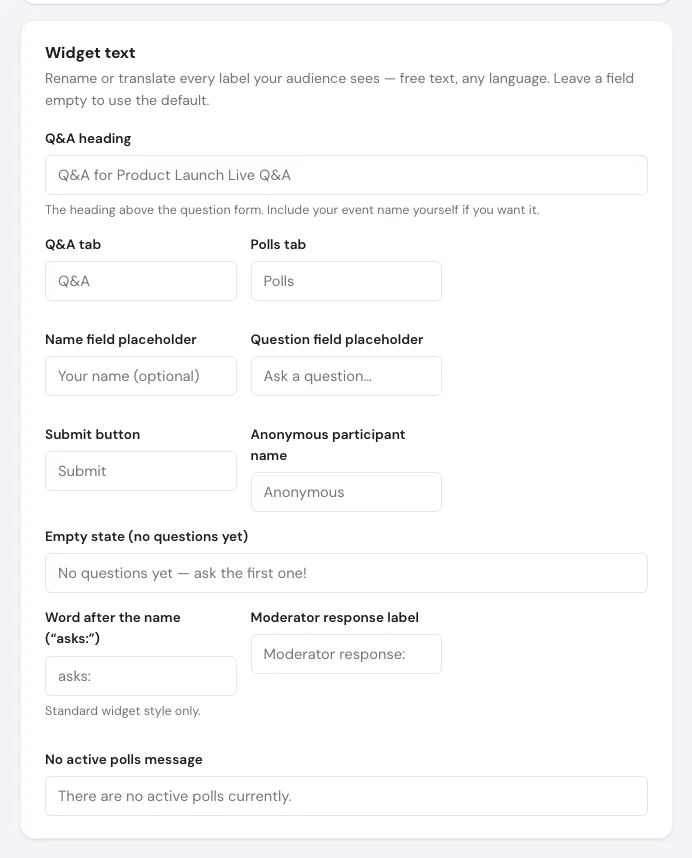 The Widget text section of the Branding page with every label editable